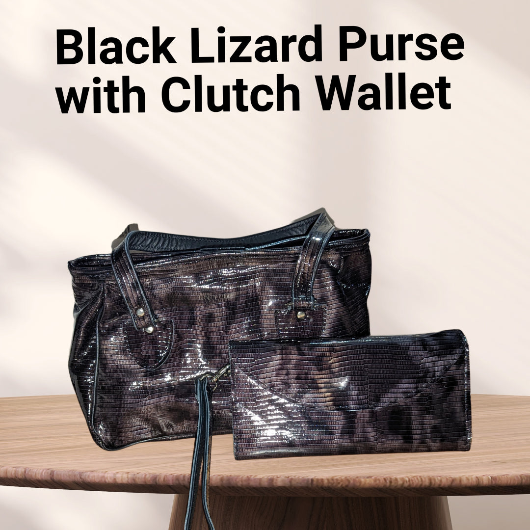 Black Lizard Purse with Matching Clutch Wallet – Handcrafted Leather Set