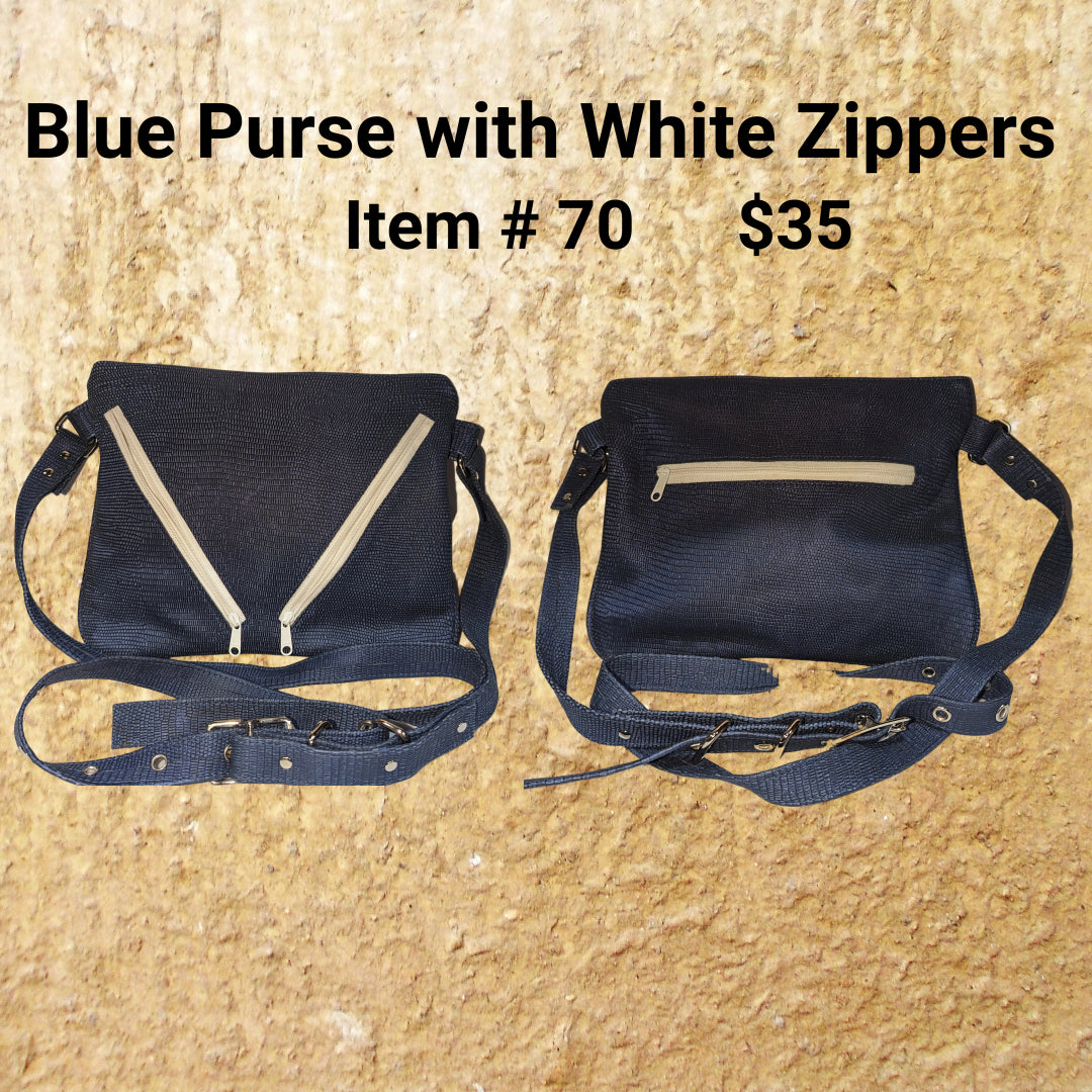 Blue Purse with White Zippers – Handcrafted Crossbody Bag