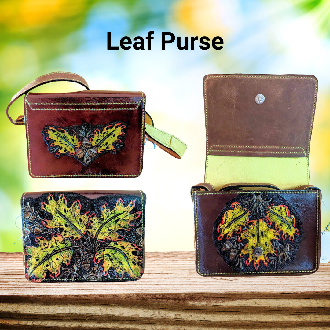 Small Brown Leather Purse – Handcrafted Oak Leaf Design