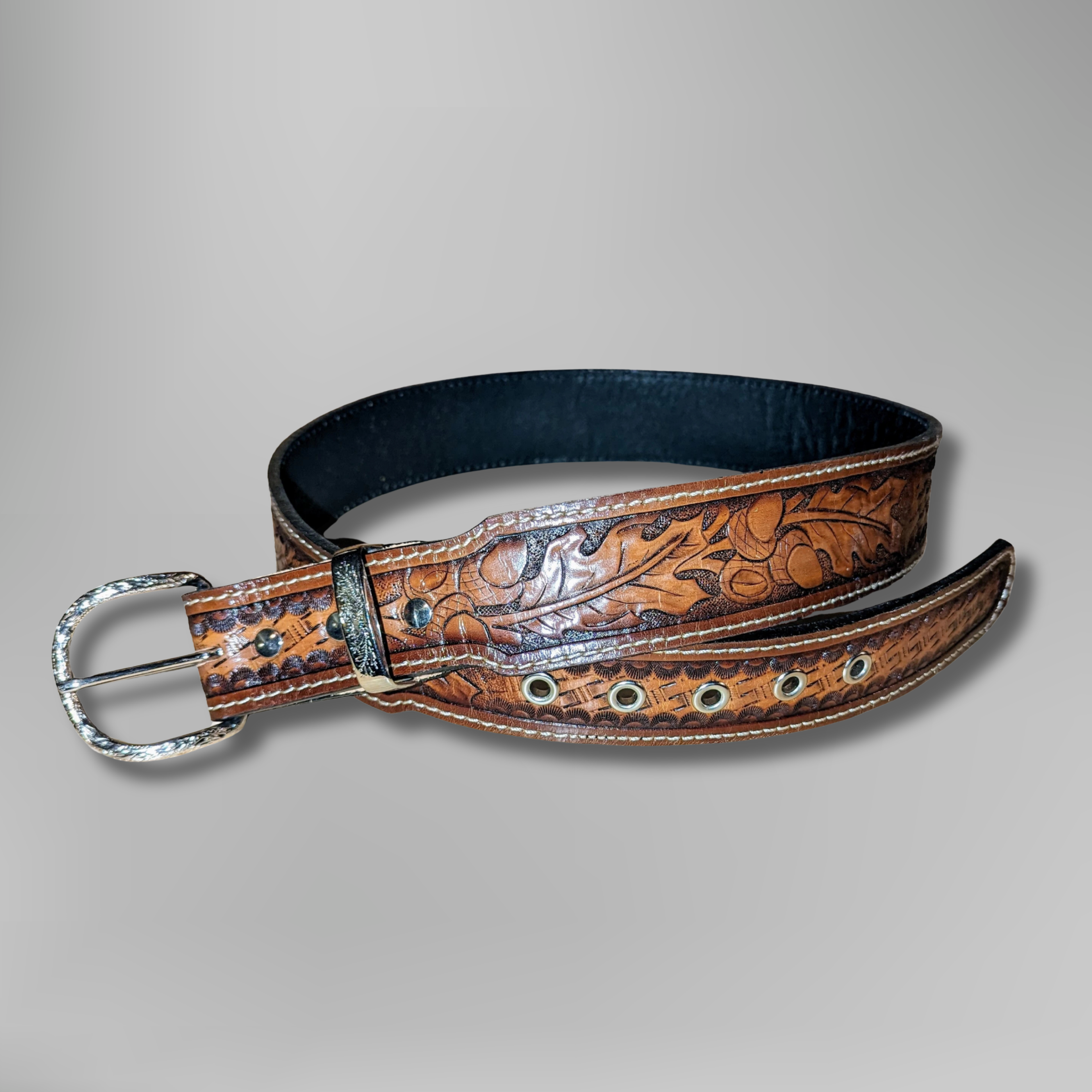 Wide Oak Leaf & Basket Weave Belt (Size 37”–41”)