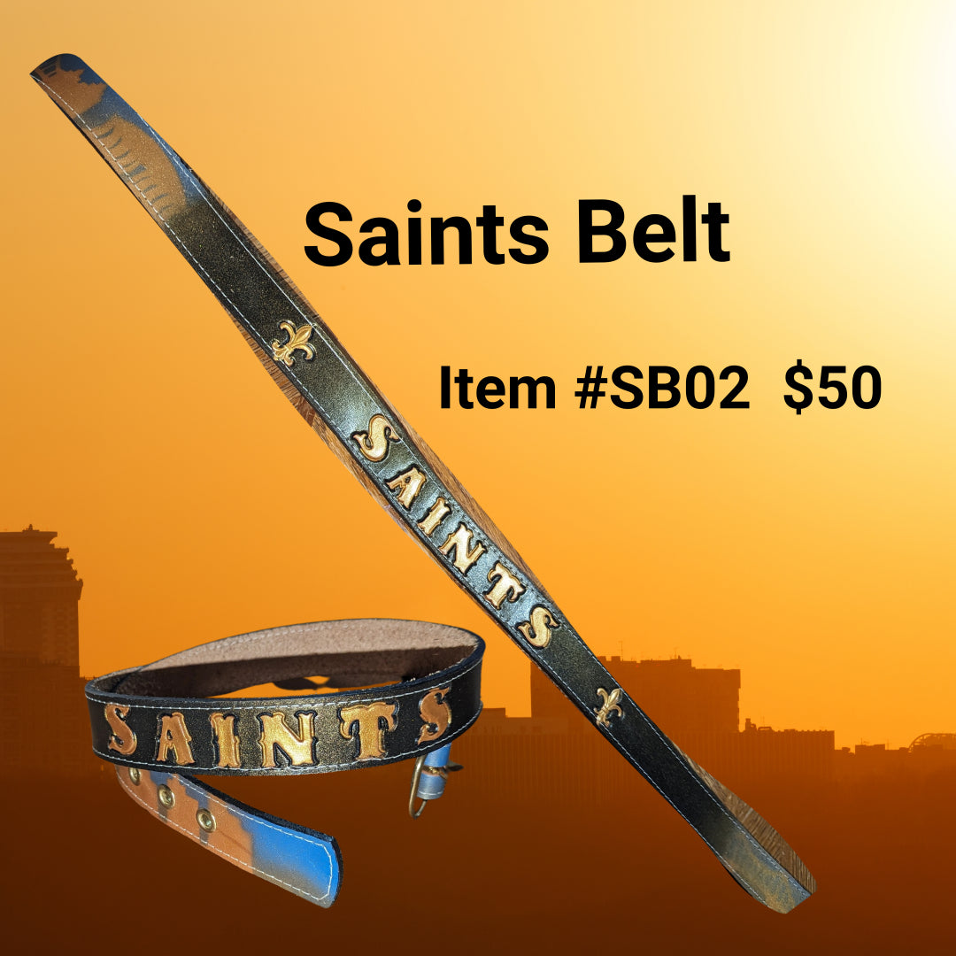 Saints Belt – Handcrafted Airbrushed Black & Gold Leather Belt (blue details)