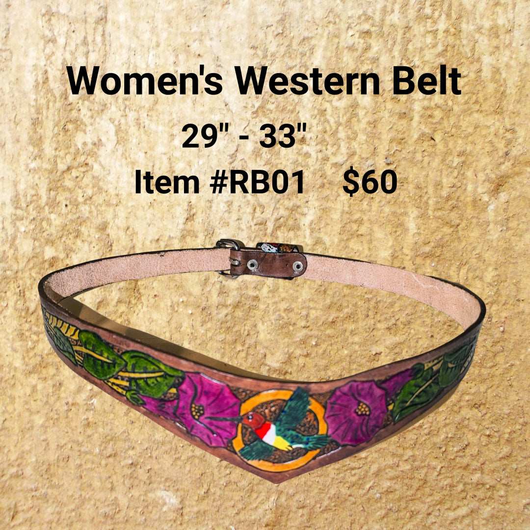 Women’s Western Belt – Hand-Tooled Floral Leather (29”–33”)