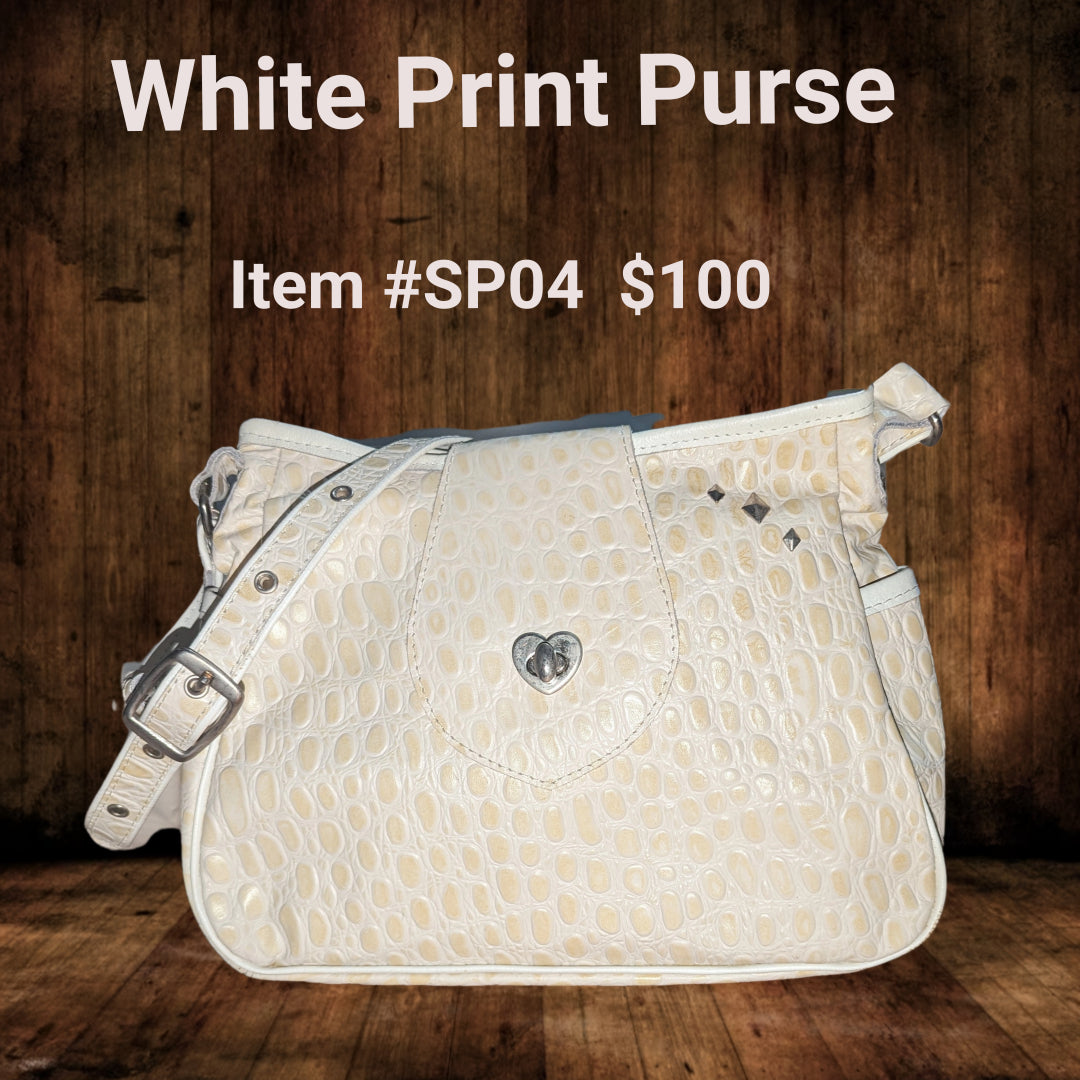 White Embossed Purse – Textured Leather with Clasp & Zipper